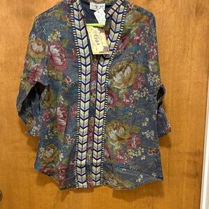 572. Vintage Goa Boho Floral Button-Up Shirt with Embroidered Trim